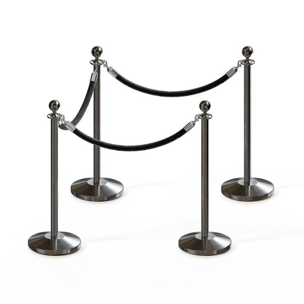 Montour Line Stanchion Post and Rope Kit Sat.Steel, 4 Ball Top3 Black Rope C-Kit-4-SS-BA-3-ER-BK-PS